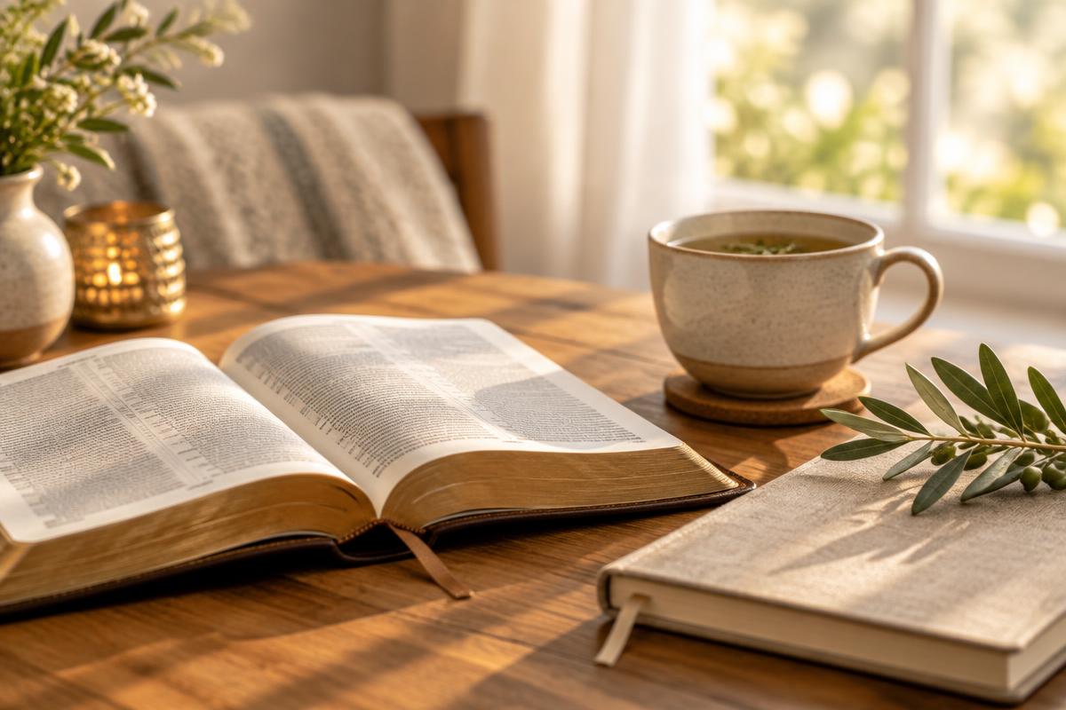 An open Bible, tea and a journal on a wooden table in morning light