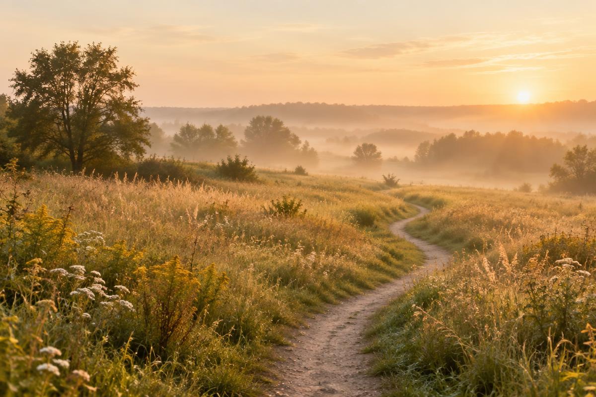 A quiet footpath through a golden meadow at dawn